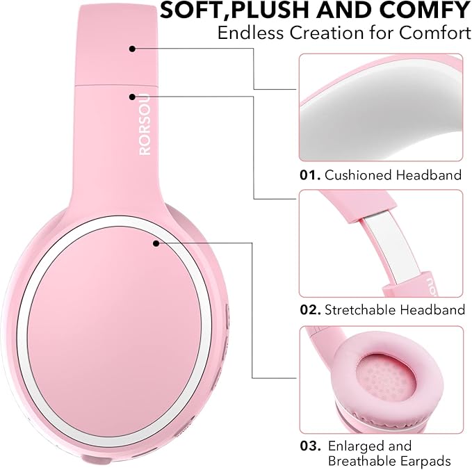 RORSOU B10 Wireless Over-Ear Headphones, Lightweight Folding Stereo Bass Bluetooth Headset with Mic, 50H Playtime, Volume Control, Bluetooth 5.3 Headphones for iPad/Travel/Tablet/PC (Pink)