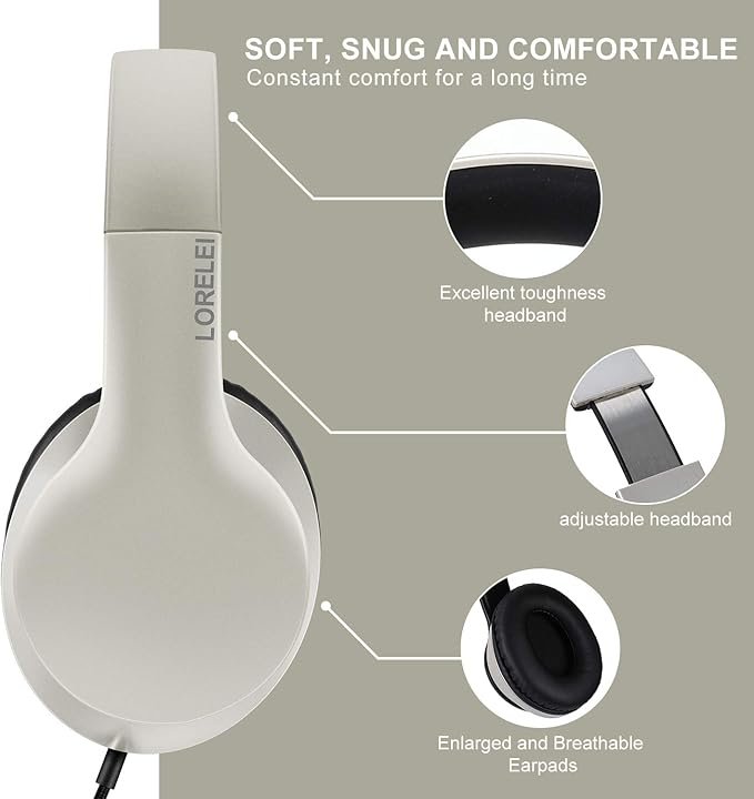 LORELEI X6 Over-Ear Headphones With Microphone, Lightweight Foldable & Portable Stereo Bass With 1.45M No-Tangle, Wired for Smartphone Tablet MP3/4