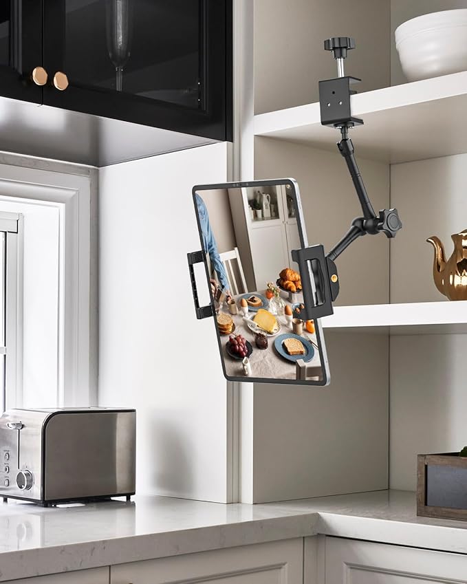 Kitchen Cabinet Tablet Mount - [Metal Adjustable Arm] Under Counter Tablet Holder for Desk Bed Stand with 1.26" Depth Large Clamp for iPad Pro 13 Air Mini, Galaxy, Fire, Switch, iPhone, 6-15.6" Device