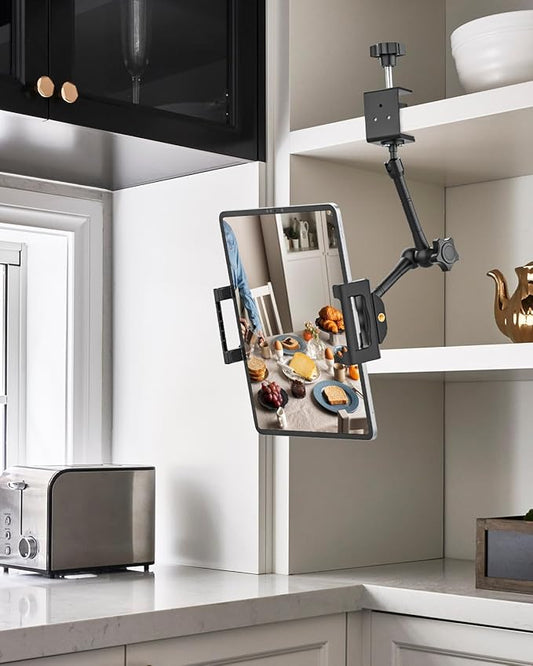 Kitchen Cabinet Tablet Mount - [Metal Adjustable Arm] Under Counter Tablet Holder for Desk Bed Stand with 1.26" Depth Large Clamp for iPad Pro 13 Air Mini, Galaxy, Fire, Switch, iPhone, 6-15.6" Device