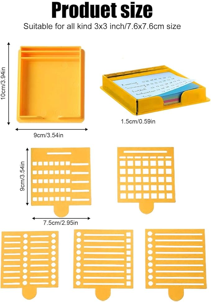 Sticky Note Holder Compatible with Post It Notes, 3x3 Sticky Note Stencil Dispenser with Template, Sticky Note Line Stencil and Holder with Five Line Box Drawing Template for Home and Office (Yellow)