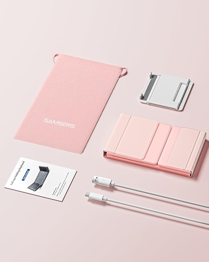 Samsers Foldable Bluetooth Keyboard with Touchpad, Full-Size Wireless Portable Travel Folding Keyboard for iOS Android Windows Mac OS, Support 3 Devices (BT5.1 x 3), Pink