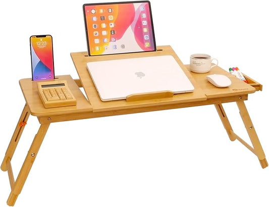 Laptop Desk for Bed, COIWAI Laptop Bed Tray, Bamboo Lap Desk with Tablet Slot, Adjustable Height Angle, Foldable Tray for Sofa Couch Floor, with Storage Drawer - Large