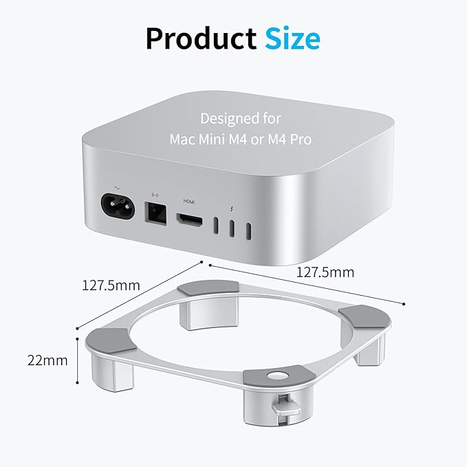 OMOTON Aluminum Stand for Mac mini M4 and M4 Pro, Cooling Desktop Holder Mount, Convenient Access to Power Button, Durable and Sturdy Design, Silver