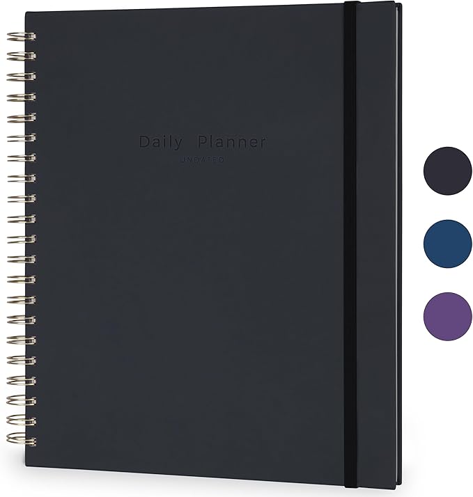 Undated Daily Planner To Do List Hourly Schedule 2027 2026 2025 Calendar & Holiday Habit Tracker 180 Pages Letter Size 8.5" x 11" Sheets Hardcover Spiral Bound Notebook (Black)