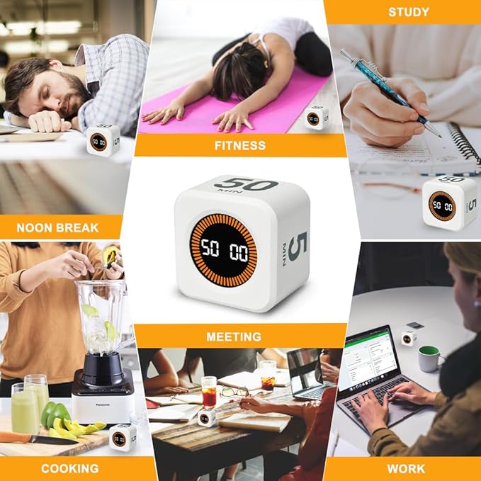 Visual Rotating Timer with 5, 10, 25 50 Minutes Preset, Desk Cube Count Down/up Timer, Rechargeable Custom-time Mute/Sound, Ideal for ADHD Work Learning Kitchen, White