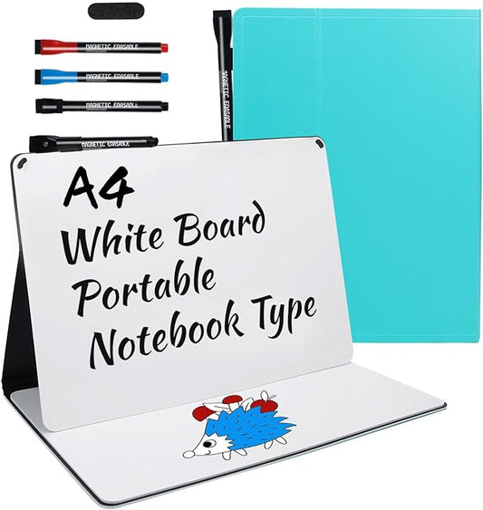 Small Portable White Board Dry Erase Notebook, 9" x 12" Double Sided Folding Whiteboards with 3 Pens, A4 Reusable Notebook with Storage Mesh Bag for Study, Meeting, Draft, Notes, Doodling