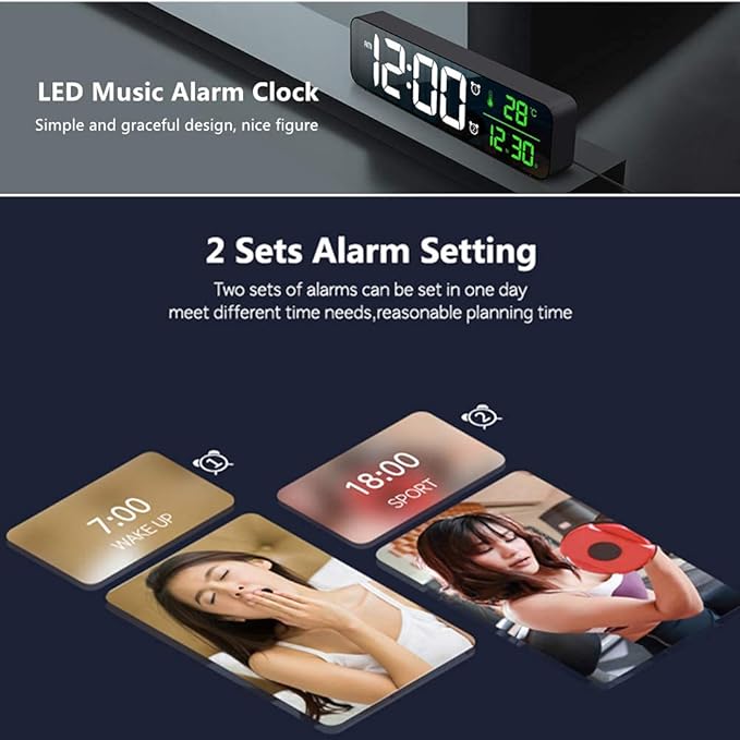 Digital Clock Large Display, Alarm Clock for Living Room Office Bedroom Decor, LED Corded Electric, Date Temp Display Wall Clock, Automatic Brightness Dimmer Smart Cool Modern Desk Accessories Black