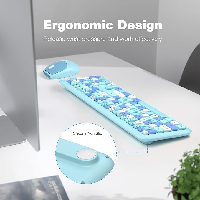 KNOWSQT Wireless Keyboard and Mouse Combo, Pale Blue Full-Sized 2.4G Silent Keycap Colorful Keyboards, USB Dongle Plug Play, for Laptop, Windows, PC, Computer, Desktop