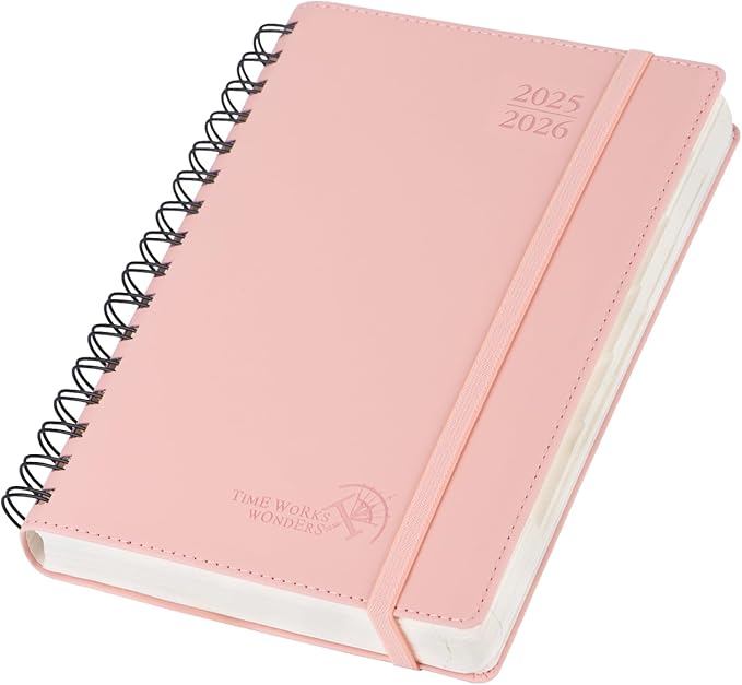 POPRUN Daily Planner 2025-2026 One Page per Day (6'' x 8.5'') with Spiral Bound Leather Soft Cover, Academic Year Appointment Book (Jul.2025 - Jun.2026) with Hourly Slots, Inner Pocket- Soft Pink