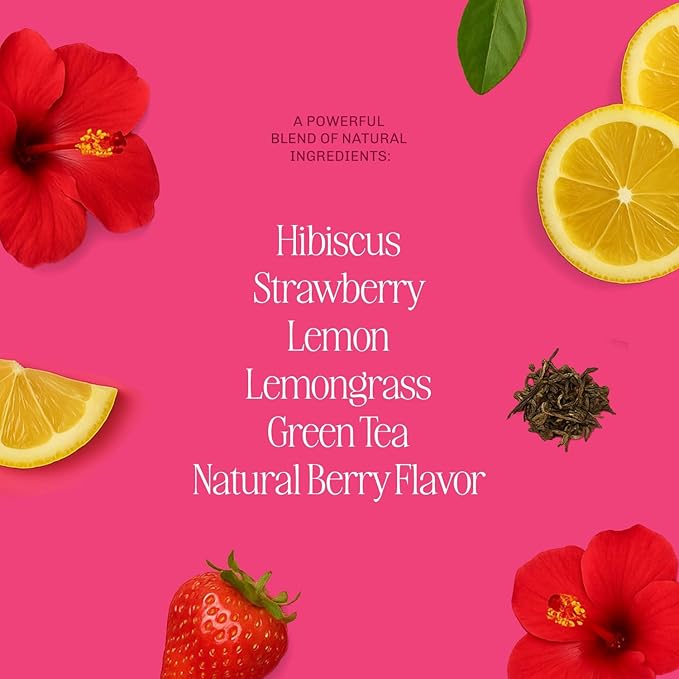 Kura Klub Green Tea Metabolism Blend — Herbal Detox & Beauty Support with Hibiscus| Clean Energy, Digestion & Bloat Relief | Strawberry Lemon Flavor | 14 Plant-Based Pyramid Tea Bags | No Microplastics