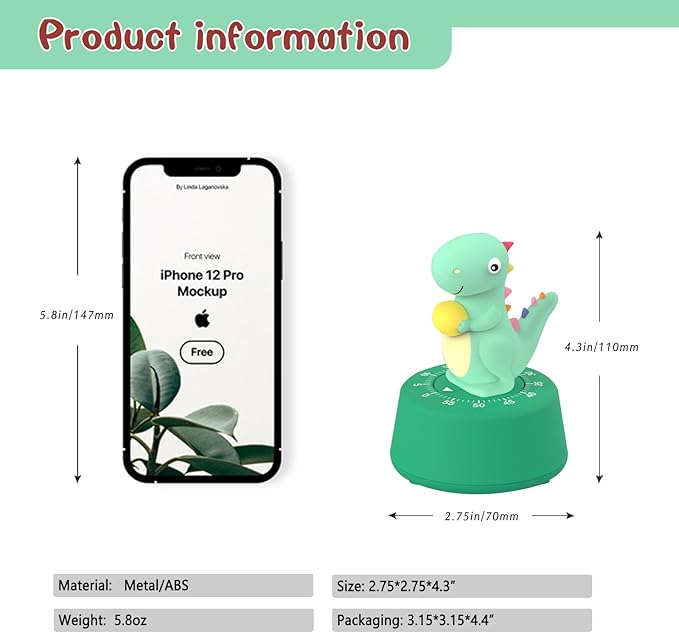 60 Minutes Mechanical Kitchen Timer,Cute Dinosaur Timer for Kids,Wind Up Egg Timer for Cooking,Reading,Classroom and Do Sports. (Light Green)
