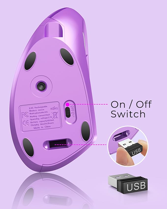 Lekvey Ergonomic Mouse, Wireless Vertical Mouse Rechargeable 2.4 GHz Optical Carpal Tunnel Mice : 800/1200 / 1600 DPI, 6 Buttons, for Laptop, PC, Computer, Desktop, Notebook etc, Purple