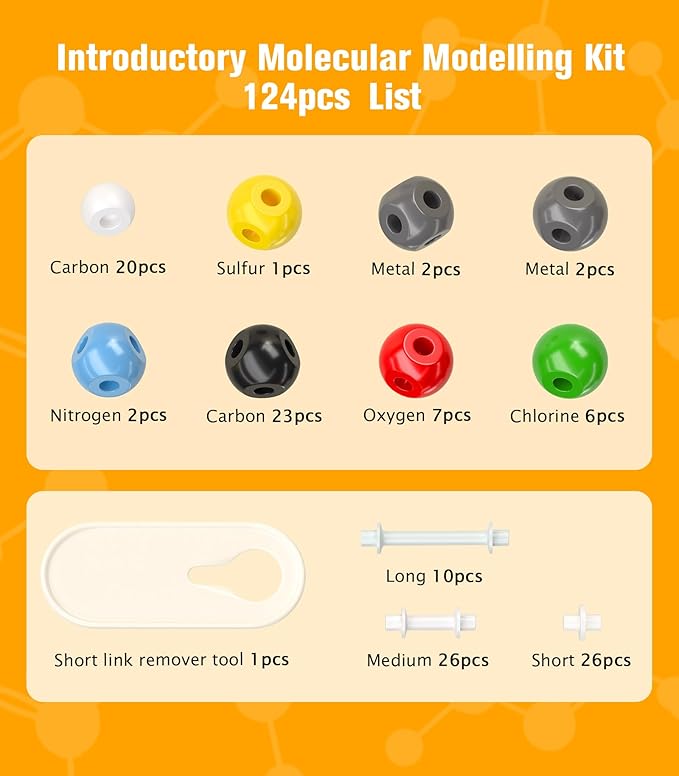 Organic Chemistry Model Kit-124 PCS,Portable Molecular Model Kit for Chemistry Classes,Atomic Element Model Set for Organic＆Inorganic Learning,Supply to Students ＆ Teachers