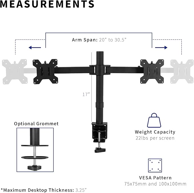 VIVO Dual LCD LED 21 to 32 inch Monitor Desk Mount, Heavy Duty, Adjustable Telescoping Arms, Flush Wall Setup, Fits 2 Screens, Black, STAND-V002E