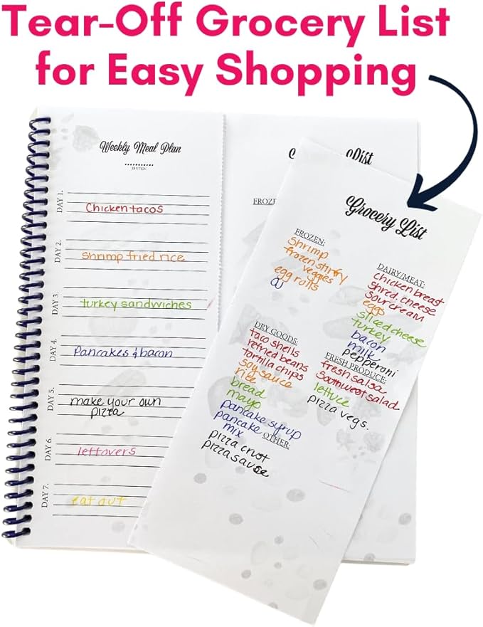 Large Spiral-Bound Weekly Meal Prep Planner Notebook – Full-Year Organizer with Laminated Covers, Tear-Off Grocery List Notepad, Undated Weekly Planner & Food Journal - Menu Calendar, & Budget Tool