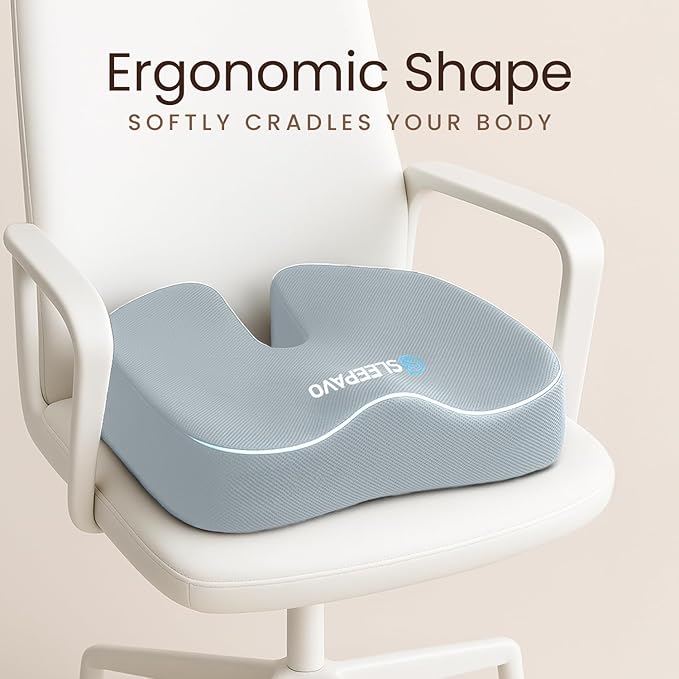 Sleepavo Gray Memory Foam Seat Cushion for Office Chair - Pillow for Sciatica, Coccyx, Back, Tailbone, Lower Back Pain Relief - Orthopedic Chair Pad Lumbar Support in Office Desk, Car, Airplane
