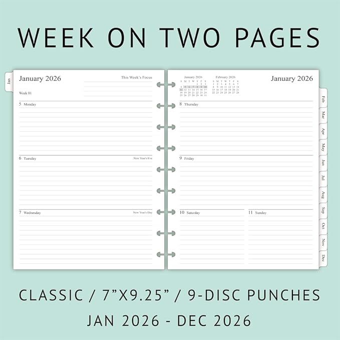 2026 Weekly Planner Refills for Happy Planner Classic Notebook - 9 Discs Punched, Two Pages Per Week, Jan 2026 to Dec 2026, 7" x 9-1/4"