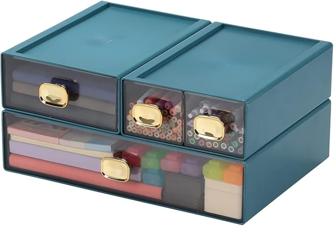 Spacious Desktop Storage Box, 1 Large 1 Middle & 2 Small Storage Drawers, Stackable Office Desk Drawer Organizer and Accessories, Printer Paper Organizer, Blue Plastic Drawers for Workspace