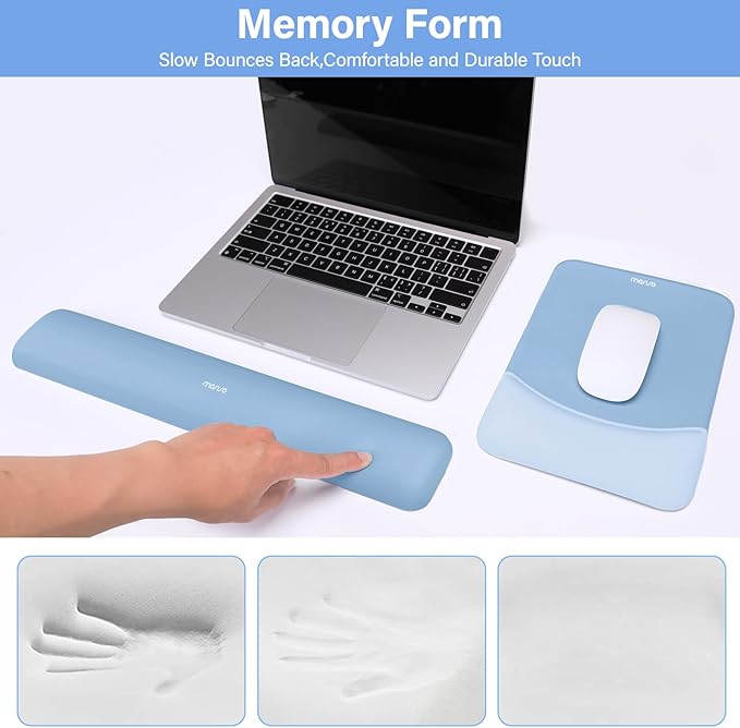 MOSISO Wrist Rest Support for Mouse Pad&Keyboard Set, Rectangular Ergonomic Mousepad Non-Slip Base Home/Office Pain Relief&Easy Typing Pad with Neoprene Cloth&Raised Curved Memory Foam, Stone Blue