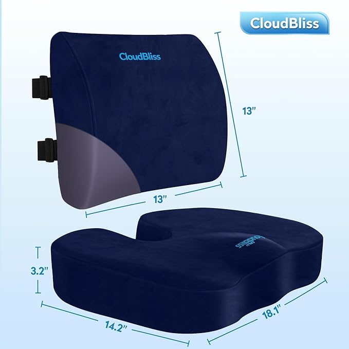 CloudBliss Seat Cushion,Office Chair Cushions,Car Seat Cushion,Lumbar Support Pillow for Office Chair,Back Support Memory Foam Pillow Coccyx Cushion for Tailbone Pain,Sciatica & Back Pain Relief -Blue