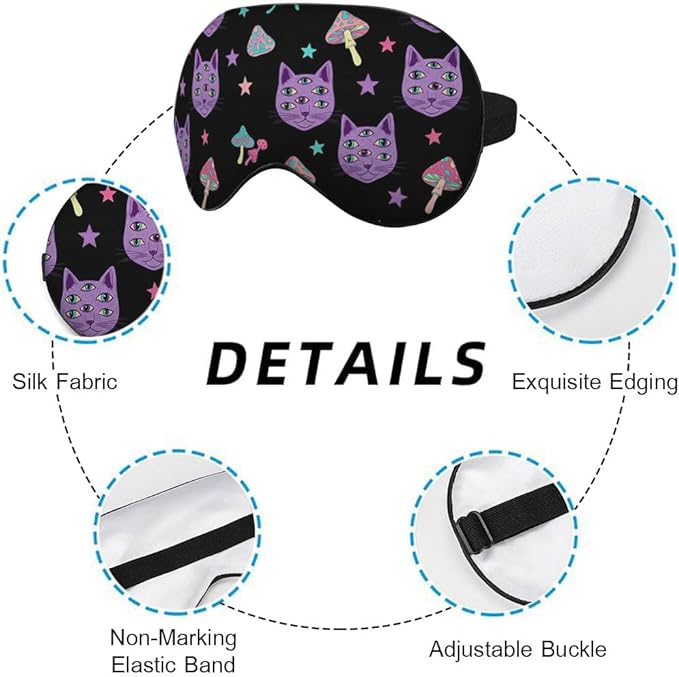 Cat Mushrooms Silk Eye Mask Sleep Mask Bright Psychedelic Cat Halloween Black Eye Mask with Adjustable Strap Lightweight for Women Work Travel Night Sleep