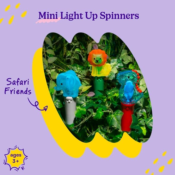 Cool Things Mini Light Up Spinner Toy Wand for Kids - Spinning Lights & Colors - Fun Gift, Summer Toys, Party Entertainment, Autism Sensory Rooms, Classroom Prizes (3 Pack- Safari Friends)