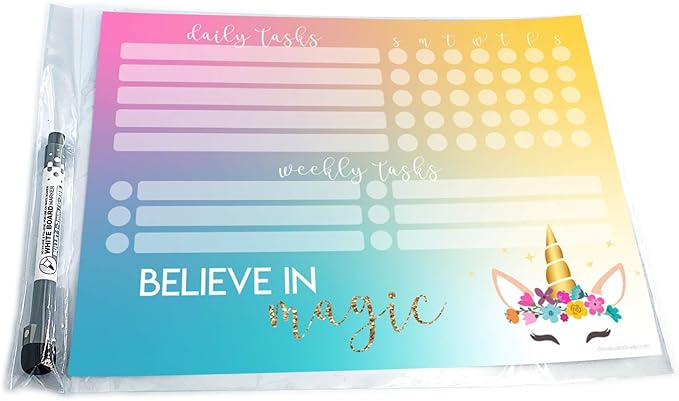 Dry Erase Whiteboard Task Planner | Removable and Restickable Adhesive Decal | Fine-Tip Magnetic Marker Included (9 x 12 inches, Unicorn Magic)