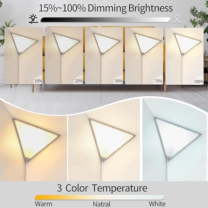 Dimmable LED Corner Light with Remote, 3000K/4000K/6000K Plug in Ceiling Light, Corner Lights for Living Room, Bedroom, Kids Room, 1 Hour Timer, Triangle Lamp for Dark Area(9W Bulb Include)
