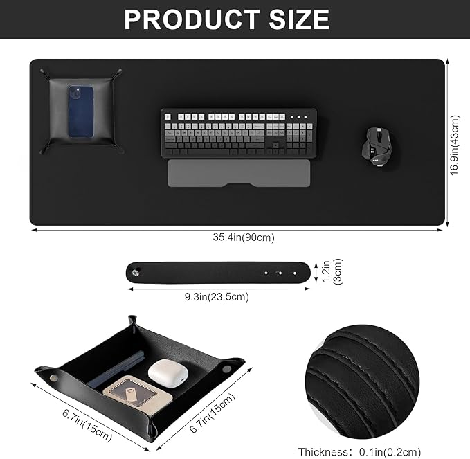 DAWNTREES Dual Sided Desk Mat,Leather Desk Pad,Black 35.5"x17",Cork Desk Mat Protector,with PU Leather Valet Tray Organizer,Large Mouse Pad,Desk Writing Pad for Office and Home