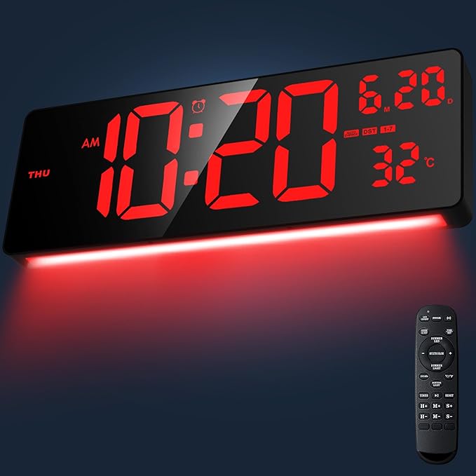 16.5" Large Digital Wall Clock with RGB Night Lights, Auto Dimmer, Remote Control, Date, Indoor Temperature, DST