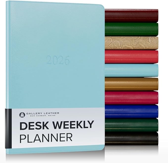 Gallery Leather Desk Weekly Monthly Planner 2025-2026, Elegantly Bound Calendar Planner and Notebook with Stylish Gold-Gilded Page Edges, 12 Months - Caribbean Aqua - 8 x 5.5 "