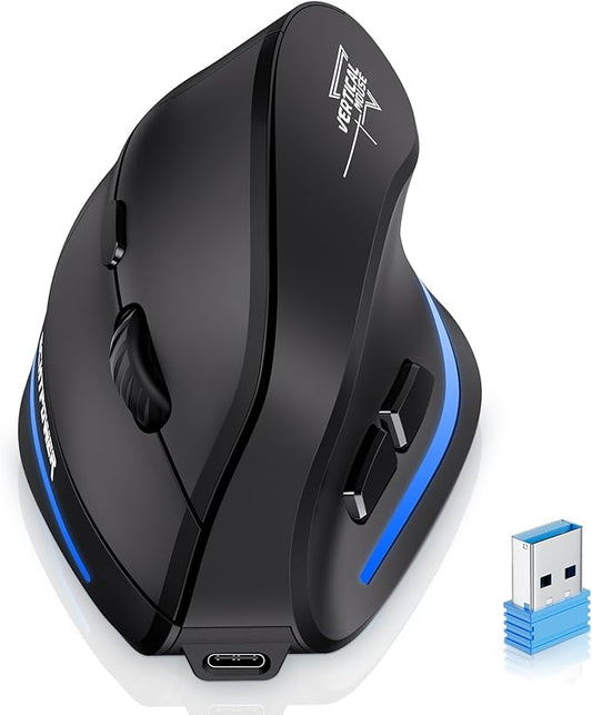 ECHTPower Ergonomic Wireless Mouse, Bluetooth Vertical Mouse with LED Light, Control Up to 3 Devices (BT5.0+BT5.0+2.4GHz), Adjustable DPI 2400/1600/1000, for PC, Laptop, Mac, Windows