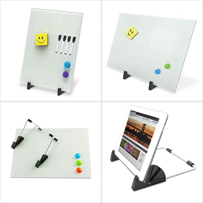 Magnetic Small Glass Whiteboard Desktop, ZHIDIAN 14x10 Portable Tempered Glass Dry Erase Board Panel with Adjustable Stand for Desk, Tabletop Glass Writing Board Easel for Office Home