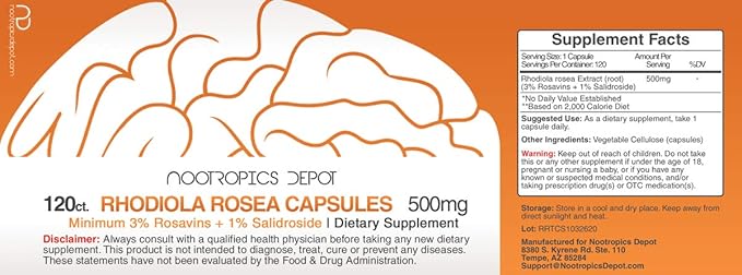 Nootropics Depot Rhodiola Rosea Capsules | 500mg | 3% Rosavins | 120 Count | Adaptogen Herb | Ayurvedic Supplement