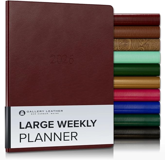 Gallery Leather Large Weekly Monthly Planner 2025-2026, Elegantly Bound Calendar Planner and Notebook with Stylish Gold-Gilded Page Edges, 12 Months - Tremont Garnet - 9.75 x 7.5 "