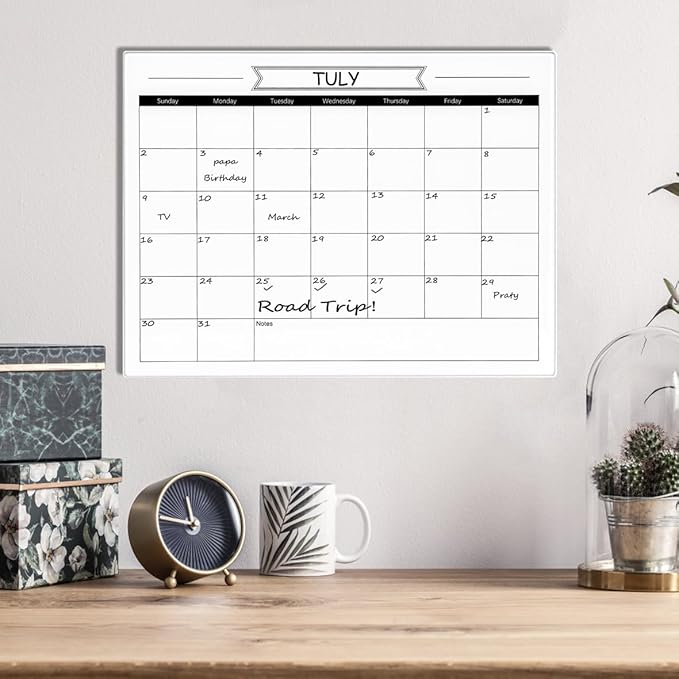 Glass Dry Erase Monthly Calendar Whiteboard for Wall, 11.8" x 15.7" Small Monthly Planner White Board for Home Kitchen, Office, Frameless(GlassB-WH-3040)
