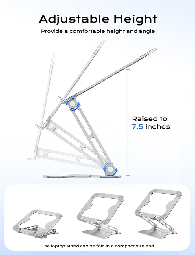 Adjustable Laptop Stand for Desk, Portable Laptop Riser Holder Foldable, Metal Ergonomic Computer Notebook Stand Holder for MacBook Air Pro, Dell, HP 10-16'' Silver