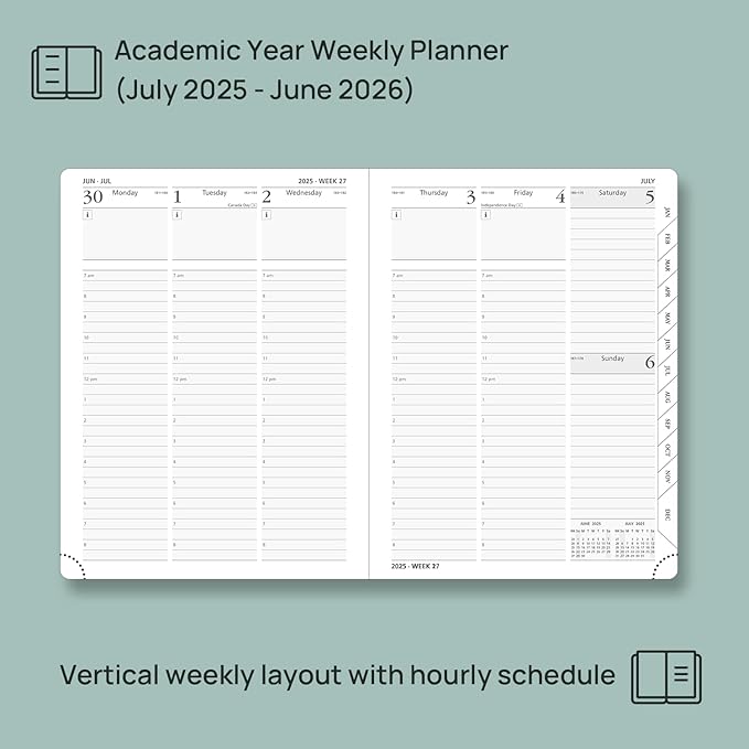 POPRUN Planner 2025-2026, (Medium 6.5'' x 8.5'' Hard Cover) Academic Calendar (July 25-June 26) Daily Weekly and Monthly Appointment Book with Hourly Time Slots, Monthly Tabs, 100 GSM - Navy Blue