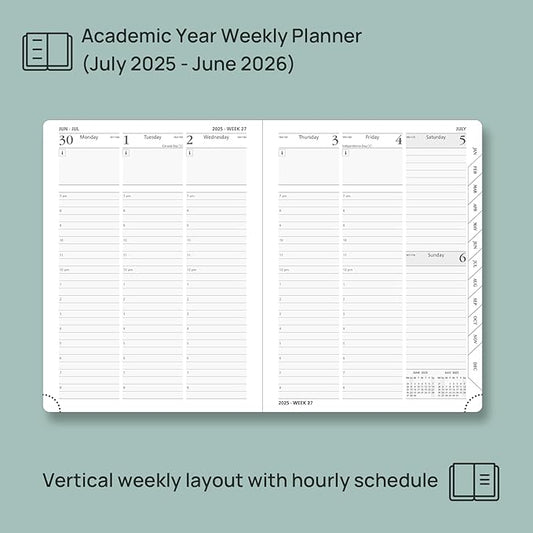 POPRUN Planner 2025-2026, (Medium 6.5'' x 8.5'' Hard Cover) Academic Calendar (July 25-June 26) Daily Weekly and Monthly Appointment Book with Hourly Time Slots, Monthly Tabs, 100 GSM - Pacific Green