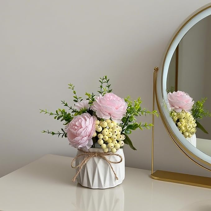 Faux Flowers with Vase, 2pcs Small White Artificial Flowers Arrangement, Potted Plants,Decoration for Bathroom Home Party Office Desk Wedding,Coffee Table Decor (White/Pink)
