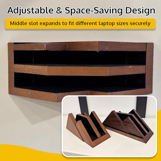 Dual Laptop Holder Vertical Laptop Stand 2 Slots Wooden - Light Brown (Oak Color)