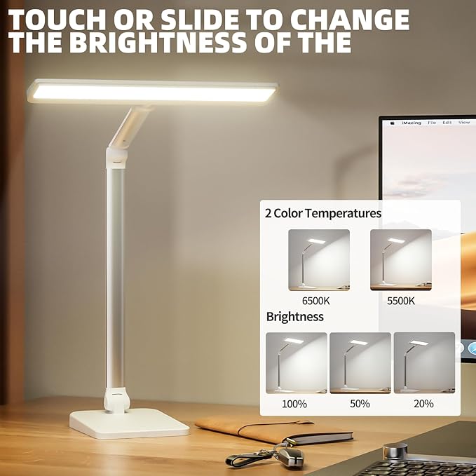 LED Desk Lamp for Office Home, 23W 1000LM DC Adapter Table Lamp with USB A+C Dual Charging Port, Eye-Caring Desk Light 3 Brightness Lamp for Reading, Study, Workbench, Crafting, Sewing, Puzzle