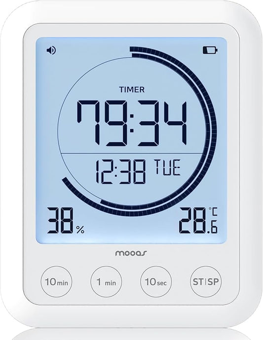 mooas Visual Shower Clock Digital Bathroom Shower Clock Waterproof Shower Timer, Temperature & Humidity, Large Backlit Display, Countdown Countup Productivity Timer for Kitchen & Bathroom