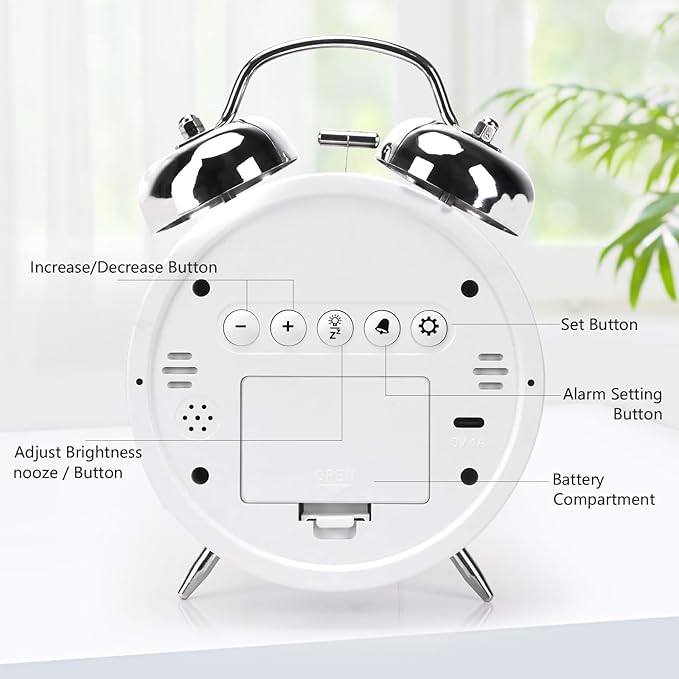 Digital Small Alarm Clock, 4.5 Inch Double Bell Electronic LED Alarm Clock, Plug in or Battery Operated Silent Metal Table Clock, Bedside Loud Bell Clock for Heavy Sleepers Adults Kids (Silvery)