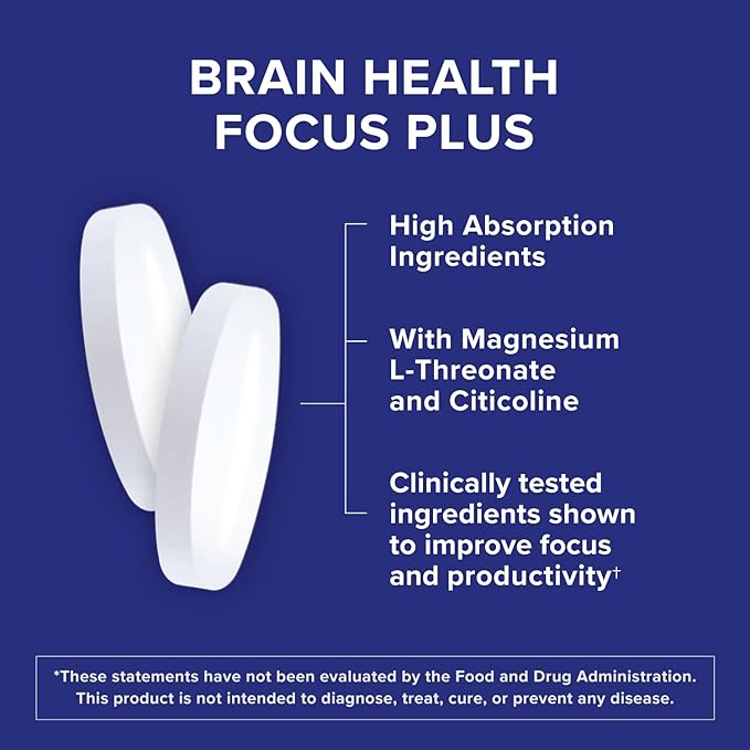 Qunol Brain Health Focus Plus, Magnesium L-Threonate & Citicoline, Clinically Tested Ingredients to Improve Focus, Attention and Productivity, 60 Count (Pack of 1)