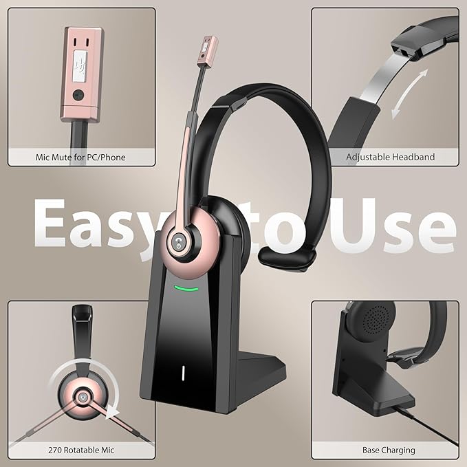 Wireless Headset with Mic for Work, Bluetooth Headset with Microphone Noise Cancelling & Mic Mute, Wireless Headphones with USB Dongle & Charging Base for Work/Home/Computer/Call Center/Office/Zoom