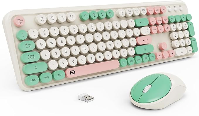 Keyboard and Mouse Wireless,2.4Ghz Retro Typewriter Style Round Keycap,Full Size Wireless Keyboard Mouse Combo,Cute Cordless Keyboard Mouse Set for PC Laptop Desktop Computer-Milk White Green Colorful