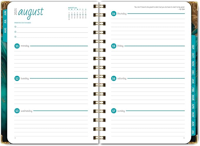 HARDCOVER Academic Year 2025-2026 Planner: (June 2025 Through July 2026) 5.5"x8" Daily Weekly Monthly Planner Yearly Agenda. Bookmark, Pocket Folder and Sticky Note Set (Teal Gold Marble)