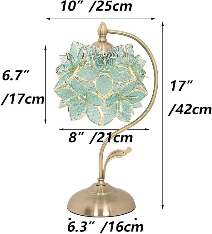 Bieye L10960 Tiffany Style Stained Glass Flower Petal Table Lamp with Brass Base for Home Décor (Light Blue, 8" Rose Lily)